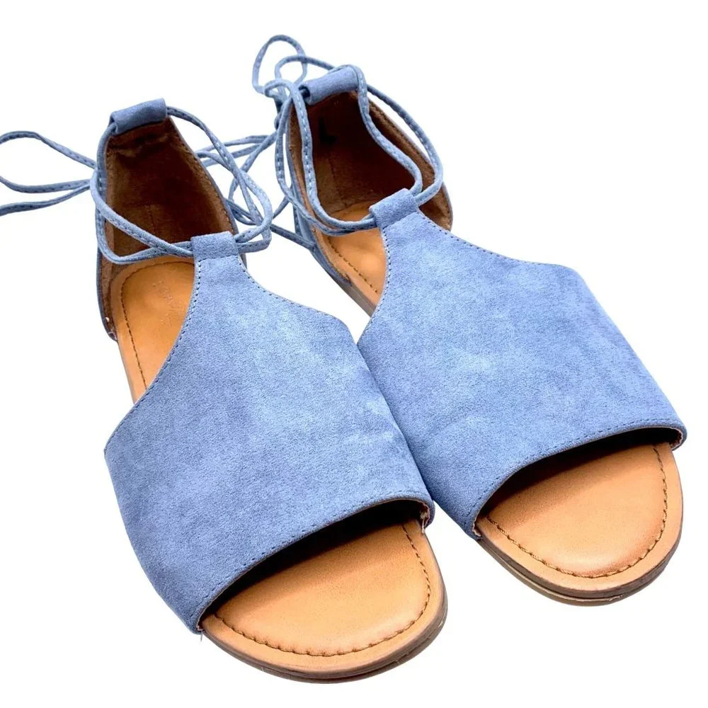 Universal Thread Aileen Ankle Lace Up Blue Faux Suede Open Toe Sandals Size 8.5 - Picture 2 of 9